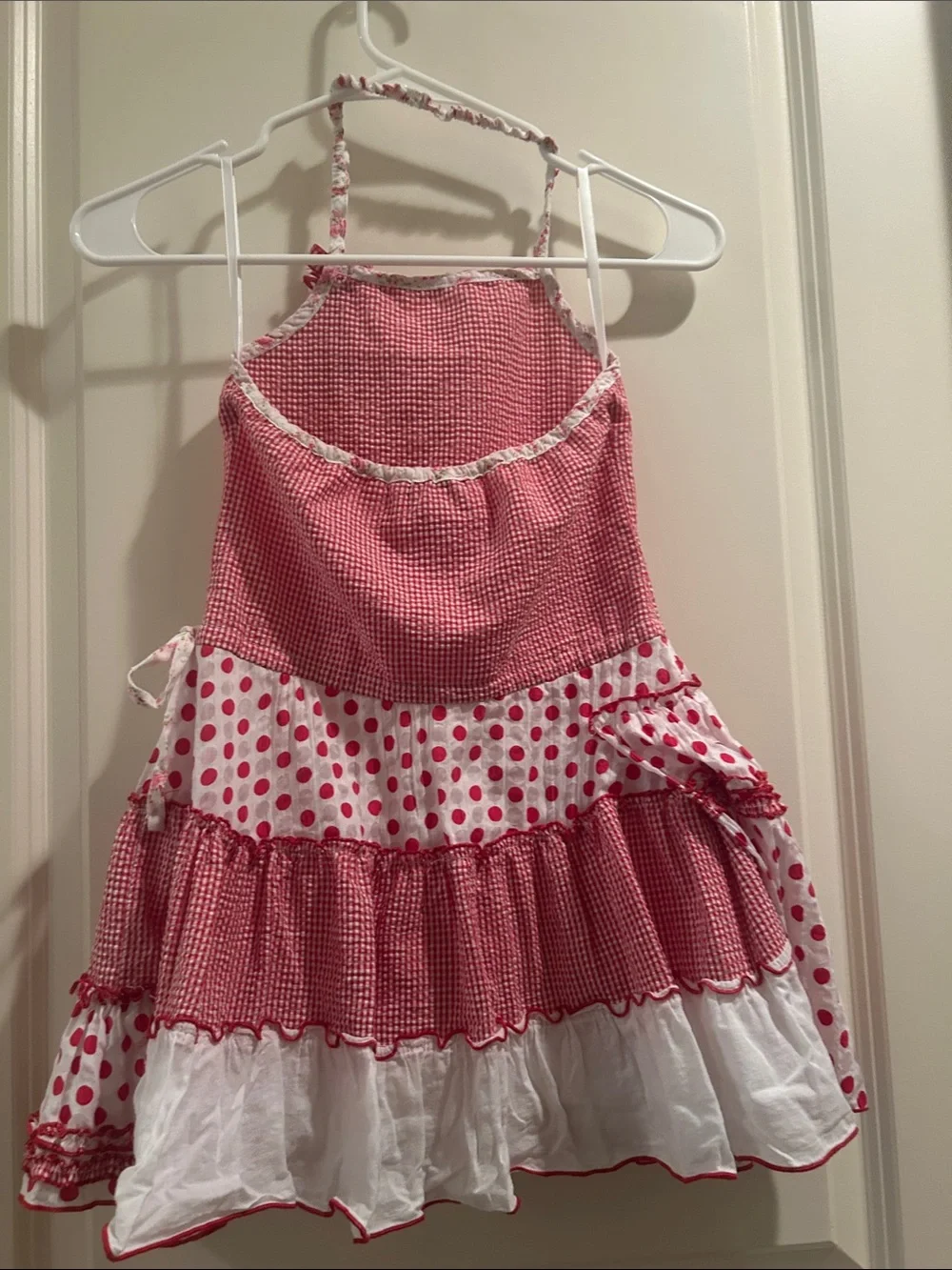 Kate Mack Patchwork Gingham Polka Dot Tiered Halter Sundress size 6 Red & White